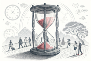 A towering hourglass symbolizes the time running out as a stream of visitors flows through, surpassing expectations.