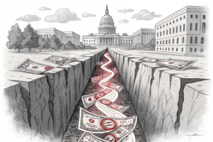 A stream of abstract, glowing currency flows unchecked through large, undefined gaps in a crumbling legal barrier.