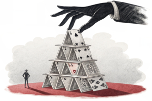 A towering stack of abstract shapes representing casino sales rises, while a shadowy hand hovers above, hinting at uncertainty.