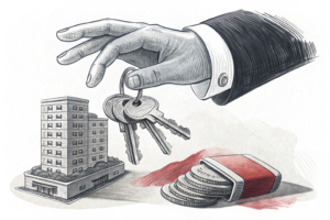 A diminishing stack of digital hotel room keys hovers under a towering, imposing hand.