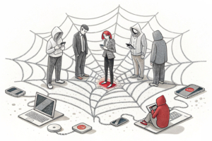 A digital spiderweb traps a group of faceless figures surrounded by scattered electronic devices and accessories.