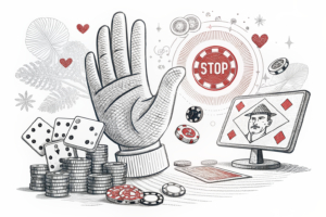 A large hand stops the flow of digital gambling activities, including live casino games and virtual cockfighting, at a stack of casinos.