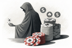 A shadowy figure casts a veil over a forbidden stack of digital gambling tokens that vanish into darkness.