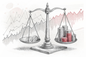 A scale balancing a stack of coins against a backdrop of fluctuating financial charts and graphs.