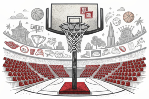 A basketball hoop made of intertwined economic and tourism symbols stands tall in a vibrant, interactive arena filled with global brand partners and NBA legends.