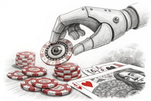 A watchful robotic eye scans a digital landscape of fading casino chips, while a mechanical hand hovers over the scene.