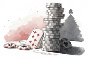 A towering stack of abstract shapes representing casino revenue, with a shadow looming over it, symbolizing a decrease from the previous month's record.