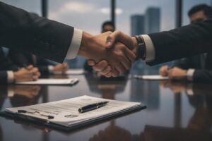 A close-up shot of two hands firmly clasped in a handshake across a sleek, reflective conference table. In the immediate foreground, a stack of neatly arranged, official-looking papers with a pen resting on the top sheet suggests a recently concluded or imminent agreement. The background is softly out of focus, hinting at a sophisticated corporate setting. The overall mood is one of professional accord, strategic decision-making, and the finalization of significant business arrangements.