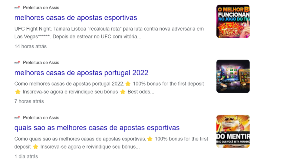 Pesquisa no Google sobre apostas mostra página da Prefeitura de Assis -SP como fonte (Reprodução)