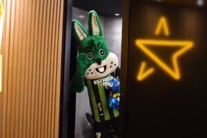 Mascote do América-MG foi ao escritório da EstrelaBet na Páscoa. (Imagem: Reprodução/LinkedIn/EstrelaBet)