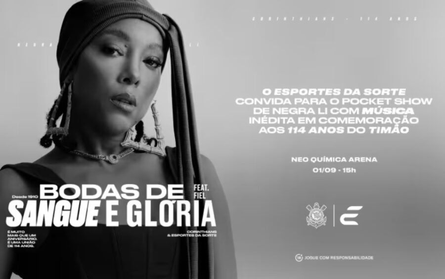 Torcedora do time, a cantora Negra Li fez um show em homenagem ao aniversário do Corinthians. (Imagem: Reprodução/Esportes da Sorte)
