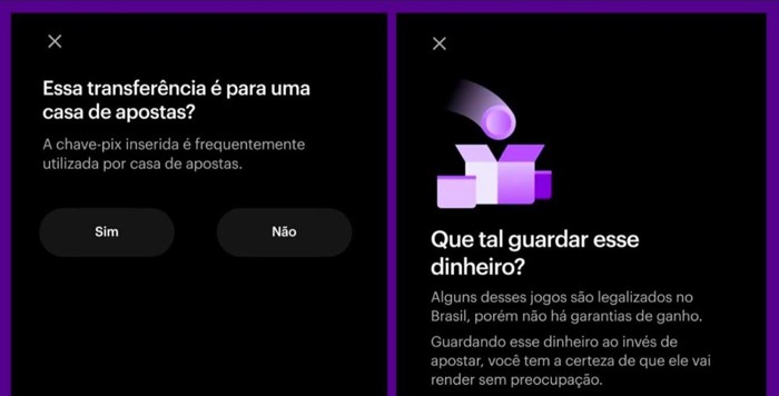 Em aviso, Nubank incentiva clientes a guardar o dinheiro invés de transferis para sites de apostas (Imagem: Reprodução)