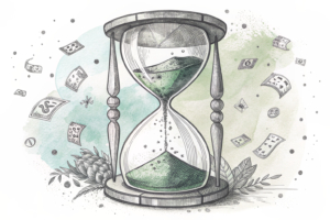 A broken hourglass with sand slipping away symbolizes loss of control over time and resources in a digital world.