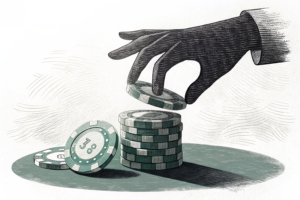 A shadowy hand casts a looming silhouette over a fading stack of digital chips, symbolizing the impact of fixed-odds betting on society and economy.