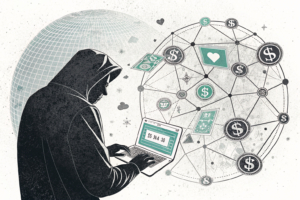 A shadowy figure casts a bet on a fading digital screen, surrounded by a web of interconnected data points.