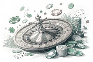 A giant roulette wheel spins out of control, scattering digital poker chips in all directions.