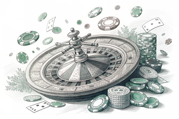 A giant roulette wheel spins out of control, scattering digital poker chips in all directions.