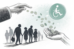 A hand gently redirects a stream of flowing coins towards a diverse group of silhouettes, symbolizing support for accessibility and inclusion programs.