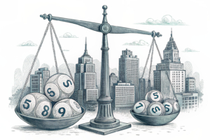A large scale balances between a cityscape and a set of lottery balls, symbolizing the legal battle over municipal lotteries.