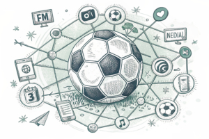 A digital soccer ball surrounded by a web of interconnected media platforms and ex-football players, symbolizing a marketing strategy during a major sports event.