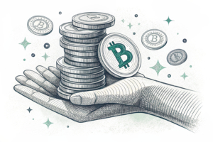 A digital hand holds a stack of fading digital coins, symbolizing the growth of online betting platforms driven by digitalization and mobile devices.