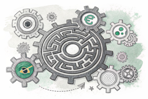 A maze of interconnected gears symbolizing the complex regulatory framework for betting service providers in Brazil.