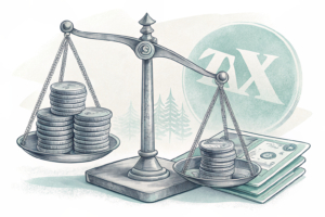 A scale balancing a stack of digital coins against a fading tax percentage symbol.