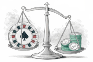 A scale balancing between a physical gambling wheel and a digital casino chip, symbolizing the debate over the legalization of gambling.