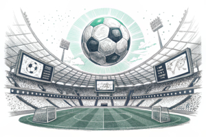 A glowing soccer ball hovers above a stadium filled with digital screens showcasing the journey of a legendary player.
