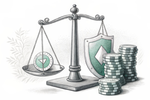 A scale balancing between a protective shield around vulnerable individuals and a stack of gambling chips representing commercial interests.