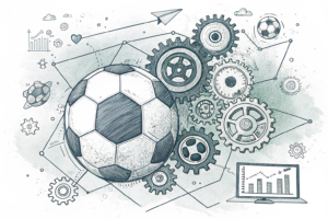 A giant soccer ball surrounded by a web of interconnected gears symbolizes the intricate regulations governing betting companies linked to a major sports organization.