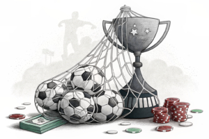 A tangled web of soccer balls and betting chips intertwine, casting a shadow over a suspended trophy.