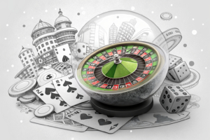 A colorful roulette wheel spins inside a crystal ball, surrounded by a variety of virtual casino games fading into the background.