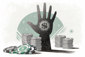 A giant hand casts a shadow over a fading stack of digital coins, symbolizing the devastating impact of online gambling addiction.