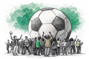 A giant soccer ball surrounded by a diverse group of people, including musicians, influencers, and journalists, symbolizing unity and celebration.