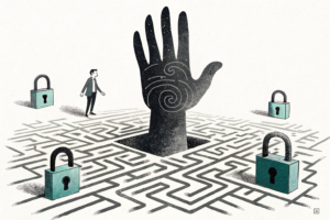 A giant hand casts a shadow over a maze of interconnected digital locks, symbolizing the crackdown on illegal betting operations.