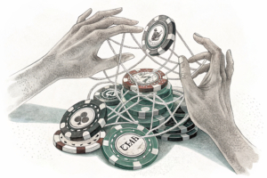 A tangled web of digital gambling chips is being slowly unraveled by a pair of gentle hands, symbolizing the struggle against addiction to betting and games of chance.