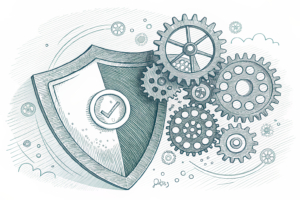A digital shield surrounds a group of fast-moving, interconnected gears symbolizing the challenge of managing high volumes of transactions during a global competition.