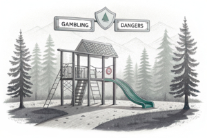 A shadow looms over a playground, with warning signs about the dangers of gambling displayed on screens and banners.