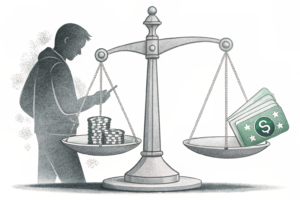 A pair of scales balancing between a licensed betting operator and an unauthorized platform, with a shadowy figure manipulating the scale towards the illegal side.