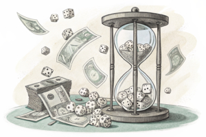 A large hourglass with falling lottery balls on one side and rising money bills on the other, symbolizing the temporary suspension of lottery draws due to a holiday.