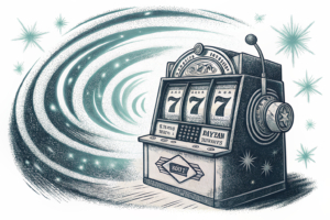 A digital vortex swirls around a glowing jackpot symbol, surrounded by fading virtual slot machine reels.