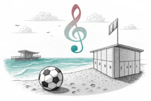 A colorful musical note floating above a beach setting with a soccer ball and a stadium locker room replica in the background.