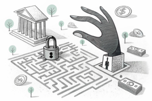 A giant hand casts a shadow over a maze of interconnected bank accounts, with a lock symbolizing the financial restrictions imposed on illegal fixed-odds betting operators.