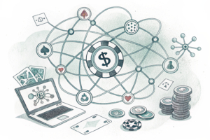 A tangled web of digital connections surrounds a central hub representing illegal online betting operations.