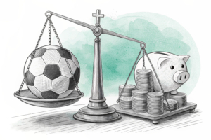 A scale balancing a soccer ball and a stack of coins, with a cracked piggy bank in the background.