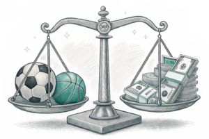 A massive scale balances between financial growth and sports development, with a clear separation between administrative expenses and project funding.