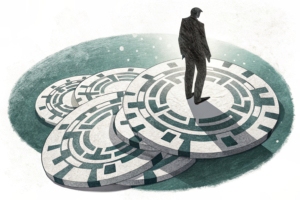 A shadowy figure casts warnings over a maze of intertwined betting chips that slowly fade into darkness.