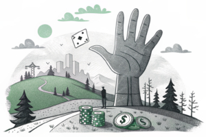 A giant hand casts a shadow over a digital landscape of fading betting platforms, symbolizing the crackdown on illegal online gambling.