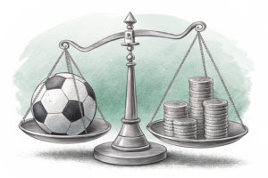 A scale balancing between a soccer ball and a stack of coins, symbolizing the commercialization of athletes' images in sports betting markets.